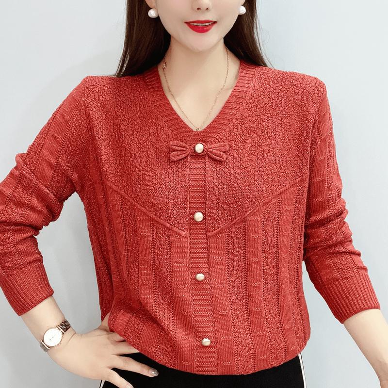 Áo Len Dệt Kim Cơ Sở Nơ, Phong Cách Phương Tây Đơn Giản, Dễ Phối Đồ, Dáng Rộng Vừa Vặn, Dài Tay, Áo Len, Hàng Mới Về Mùa Thu 2024 Nữ Women Top Vàng 2