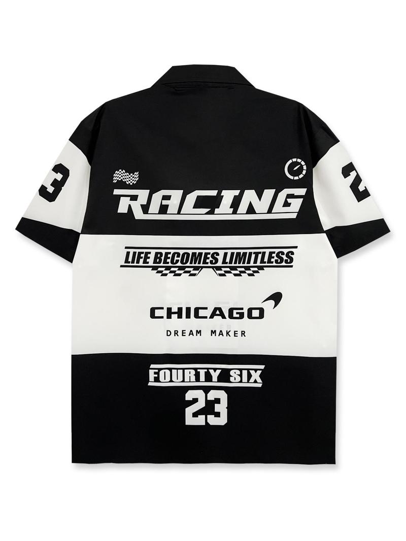 Product Introduction of Men's Racing Print Short Sleeve Lapel Shirt, Regular Fit Casual Letter Graphic Button Front Shirt for Summer, Fashion Men's Top for Daily Wear, Summer Clothes 6