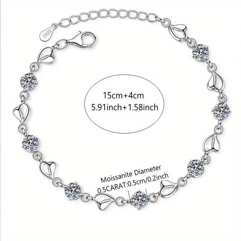 1pc 925 Silver 3.5 Carat Moissanite Heart Bracelet, Elegant Romantic Jewelry Gift for Women 3