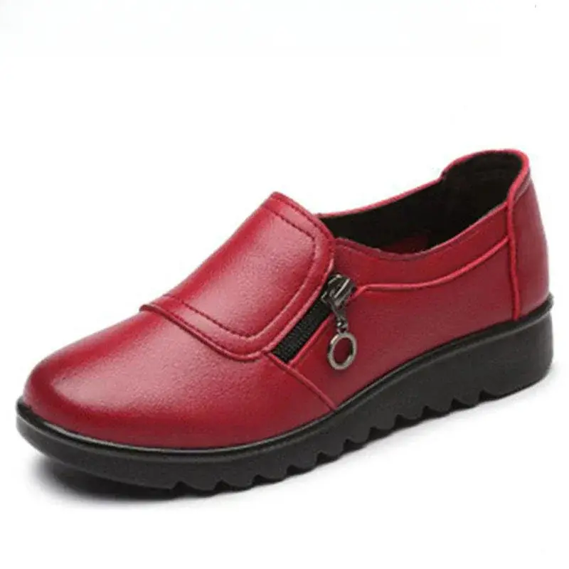 Fashion Soft Leather Round Head Women Casual Flats Ladies Side Zipper Flat Oxford Shoes New Single Non-slip Warm Slope Heel