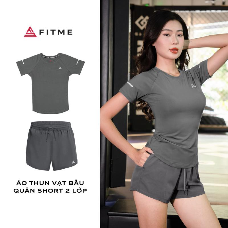 Bộ đồ tập gym yoga nữ Fitme áo vạt bầu tôn dáng, quần đùi thể thao 2 lớp co giãn 4 chiều thoáng khí xám