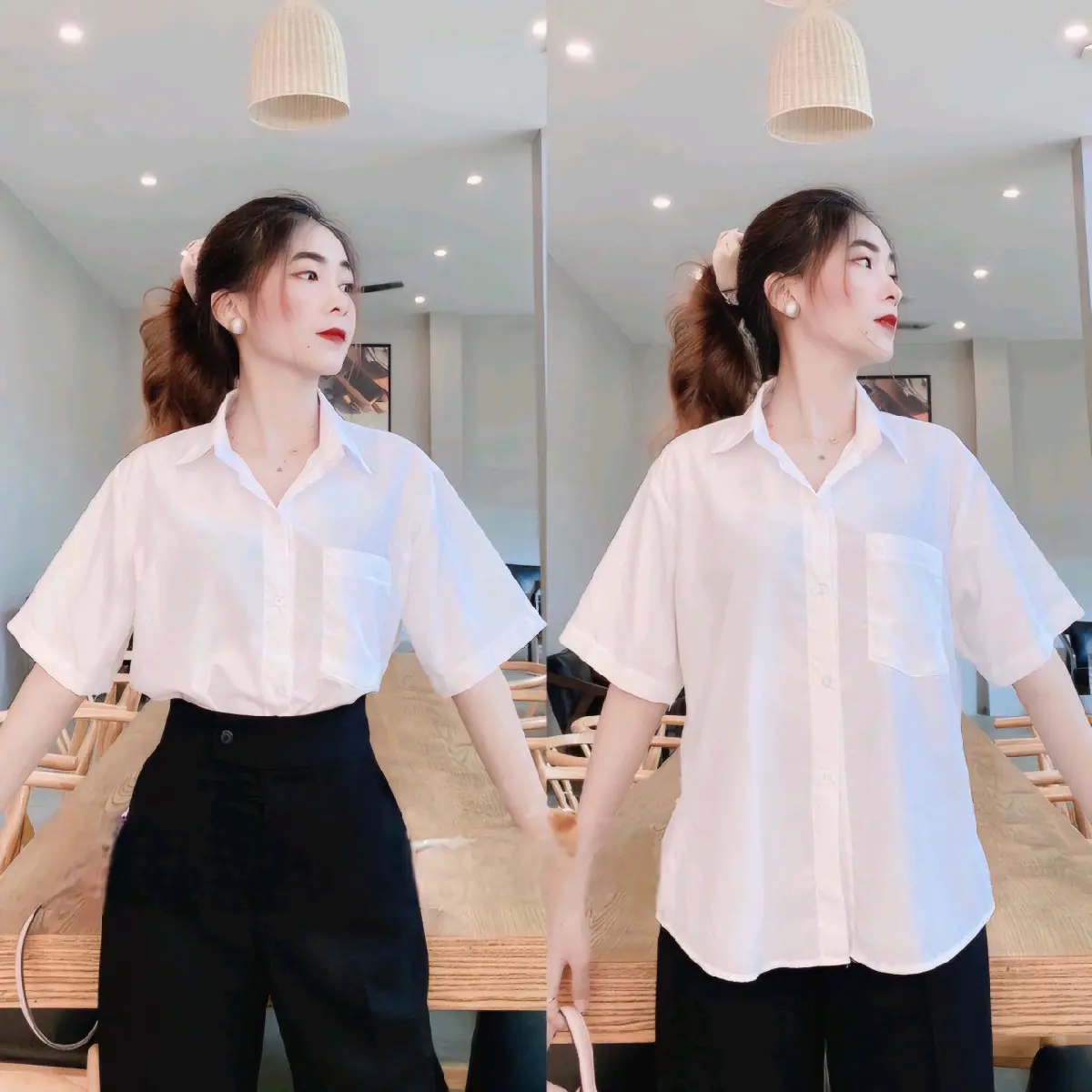 Áo sơ mi trắng tay ngắn form rộng có túi[vải mềm] Nữ Women Top Shirt Ong Voi