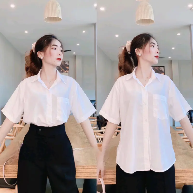 Áo sơ mi trắng tay ngắn form rộng có túi[vải mềm] Nữ Women Top Shirt Ong Voi 0