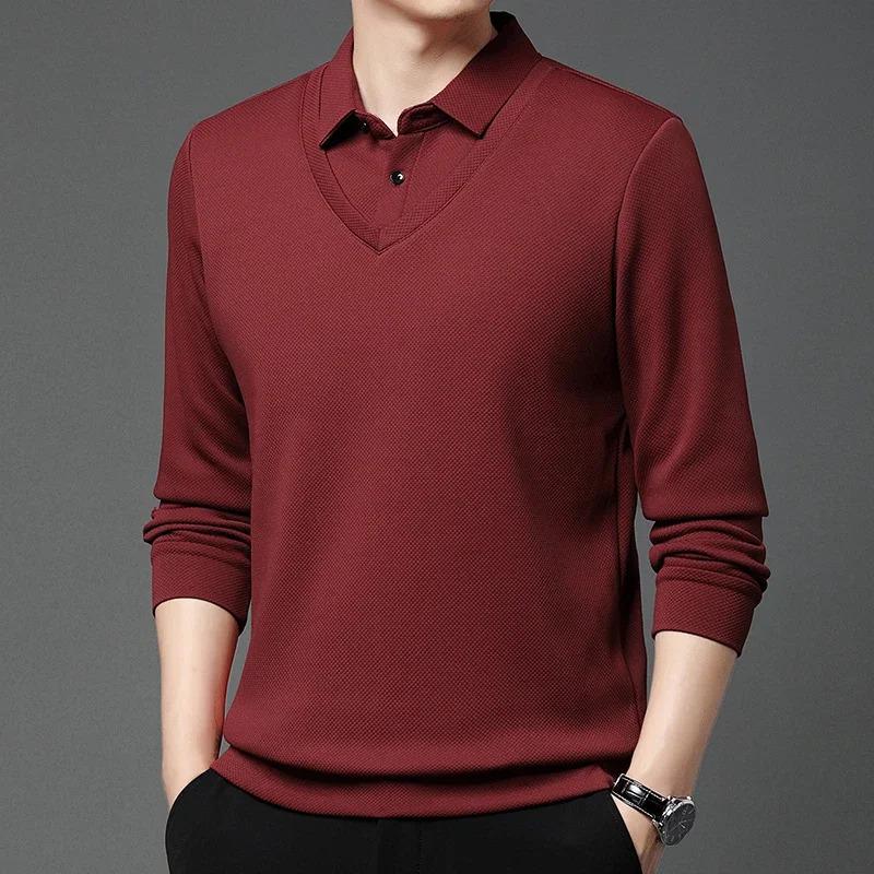 Men'S Long Arm Polo Shirt Korean-Style Fake Two-Piece Business Men'S Casual Fashion Long-Sleeved Solid Color Lapel Shirts Comfortable All-Match Top For All Seasons Menswear Lingerie 2