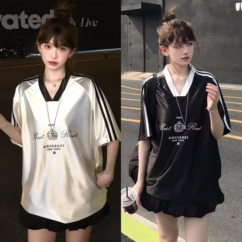 Áo Thun Nữ Phong Cách Hàn Quốc, Dáng Rộng Vừa Vặn, Họa Tiết Bóng Chữ In, ngắn Tay, Cổ Chữ V, Ngoại Cỡ, Áo Thường Ngày Xu Hướng Nóng Bỏng Năm 2024, 2567 0