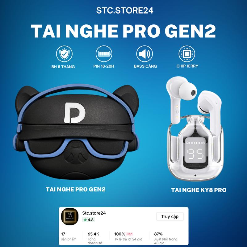 COMBO TAI NGHE PRO GEN2 + TAI NGHE KY8 PRO, âm thanh chuẩn bass , điều chỉnh tăng giảm âm lượng , đổi tên định vị , sạc không dây , pin nghe nhạc 6-8h Nhét Tai Kem