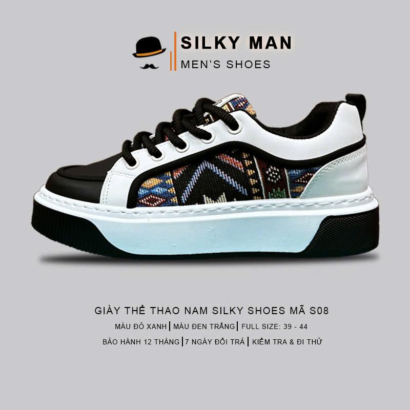 {Bản authentiic}-Giày Nam Sneakers thể thao cao cấp, Giày nam đẹp 2025 Chất liệu Da đa lớp thiết kế cùng họa tiết thổ cẩm độc đáo Hot Trend, Đế tăng chiều cao 5cm, Giày dây buộc SILKY S08