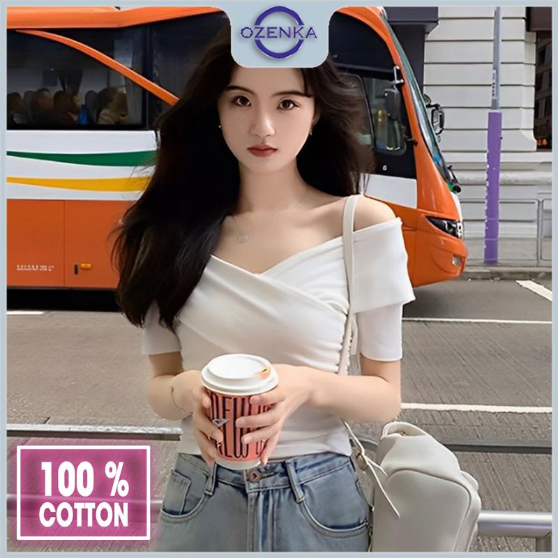 Áo croptop kiểu trễ vai nữ cổ v hở vai đen trắng ozenka , áo crt tay ngắn thời trang mùa hè cotton trơn mịn mềm mát Thun Sơ Mi Shirt