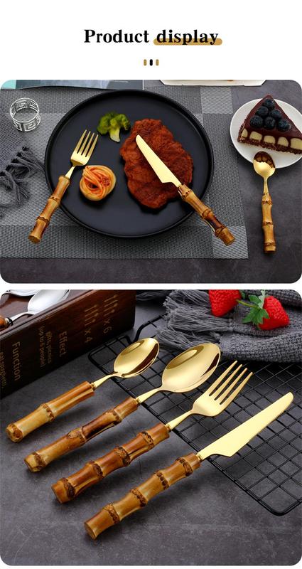 Product Introduction of 16/24PCS Creative Bamboo Handle Stainless Steel Tableware With Steak Knives Flatware Knives Set Includes Dessert Spoon Forks 26