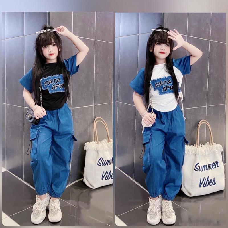 Bộ quần áo cho bé gái 2 màu đen trắng có chữ cao dưới 1m35