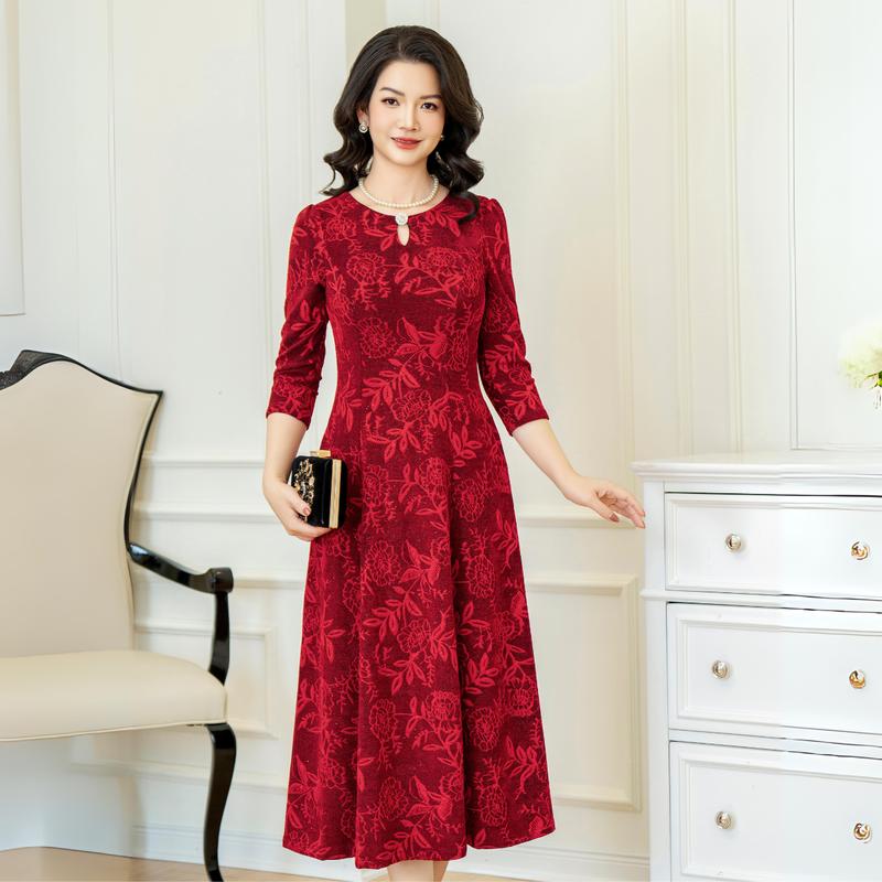  Đầm trung niên nữ thiết kế LYBEE LV948 cho mẹ chất thun kim sa ánh nhũ co giãn cao cấp Dress Women 