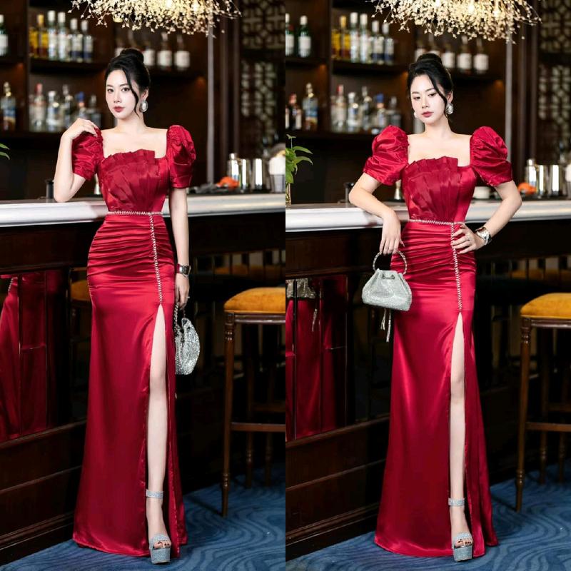 NGA PHẠM 'DRESS - ĐẦM DẠ HỘI LỤA KẾT CƯỜM EO PHỐI TƠ ORGANZA XẾP LY TAY PHỒNG DÁNG DÀI XẺ CHÂN - 6 màu Nữ Women Voi Trắng váy dự tiệc đỏ hồng