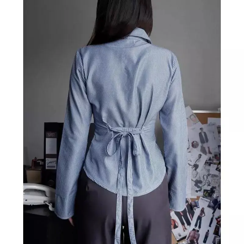 QR - RPF OOTD Shirt Stripe Slim  /Julia Top / Kemeja Slim Fit / Atasan Wanita / Fabric Cotton with two pleated on the waist (Slim Effect) / Office Fits Casual Baju 4