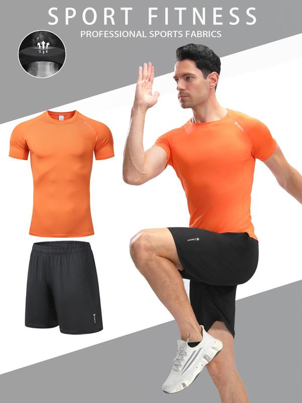 Two-Piece Set Men's Solid Color Sportswear Set, High Stretch Breathable Quick Drying Round Neck Short Sleeve Compression T-shirt & Pocket Design Drawstring Waist Gym Shorts, Casual Sportswear Set for Running Gym Workout 3