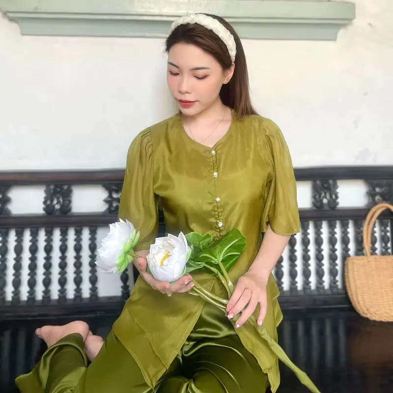 Nguyên Bộ Đồ Lam Đi Chùa -Mẫu Voan 2 lớp tay ngắn 1 Nữ Women Top-V1 3
