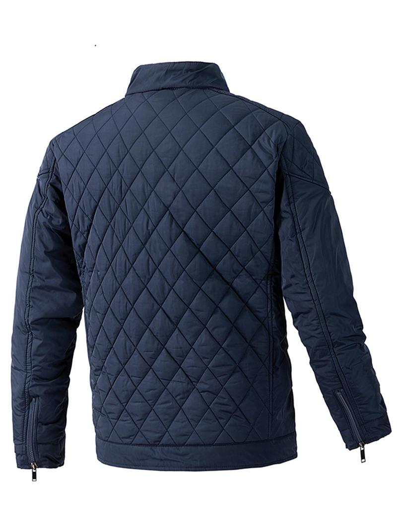 Product Introduction of Men's Solid Pocket Zipper Button Quilted Jacket, Regular Fit Casual Long Sleeve Stand Collar Outerwear for Fall & Winter, Men's Clothes for Daily Wear 8