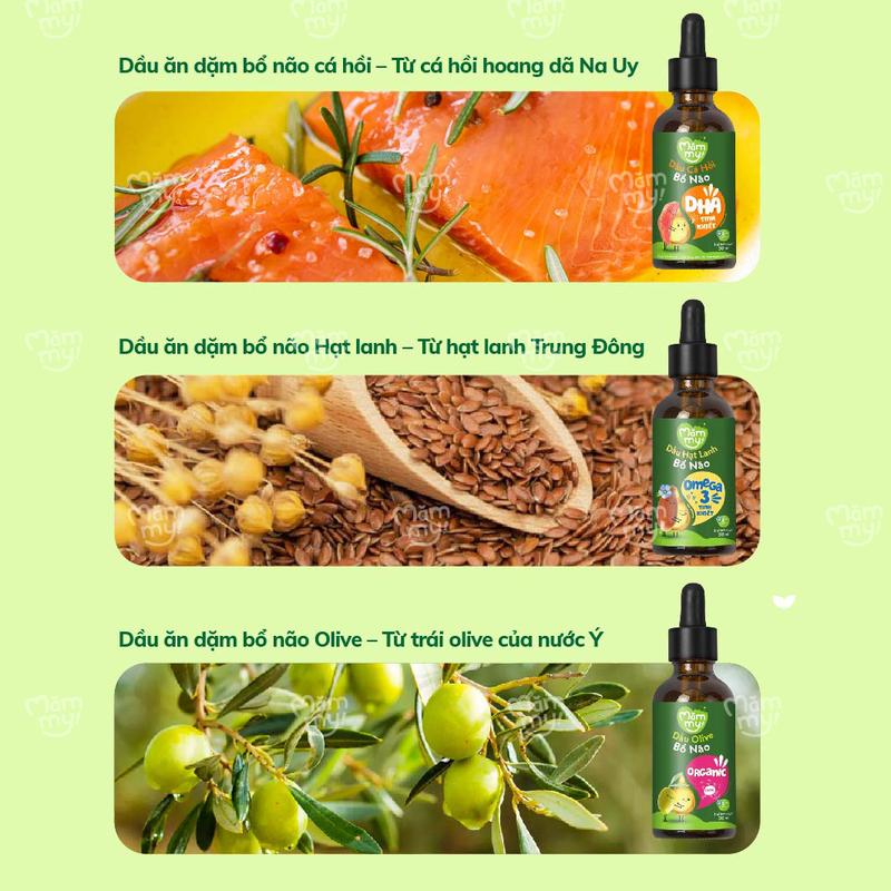 [Date 11/2026] Set 3 dầu ăn dặm bổ não Mămmy(dầu cá hồi-dầu hạt lanh-dầu Olive 30ml) hoặc chai 100ml 3