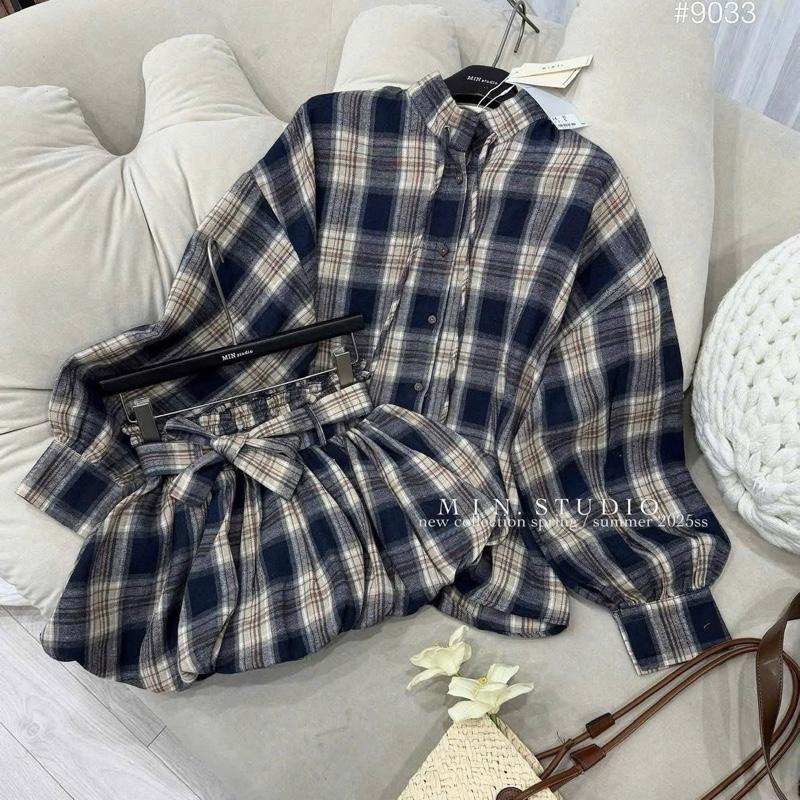 Set váy kẻ phồng kèm dây nơ 1