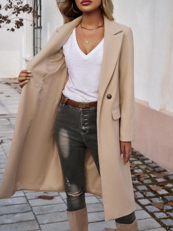 Women's Solid Button Front Pocket Overcoat, Casual Long Sleeve Lapel Neckline Coat for Fall & Winter, Women's Clothing for Daily Wear 8