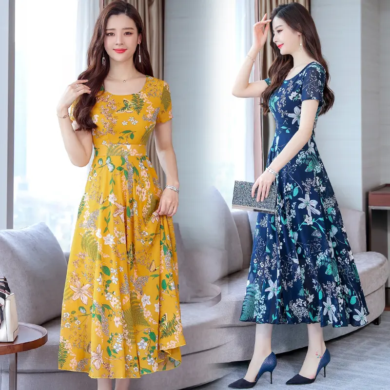 Váy Quần Áo Nữ, Thời Trang, Dáng Rộng Vừa Vặn, Thanh Lịch, Mỏng Vừa Vặn, Cạp Cao, Cổ Tròn, In Hình, Tay Áo, Hàng Mới Về Mùa Hè 2025 Women Dress Vàng Voan