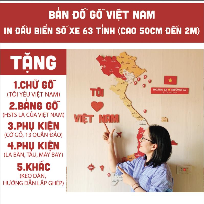 [Cao 50cm đến 2m] Bản đồ Việt Nam bằng gỗ dán tường in biển số xe 63 tỉnh thành, tặng keo dán, tặng phụ kiện cờ gỗ, la bàn, máy bay, bảng gỗ hoàng sa trường sa, chữ gỗ tôi yêu việt nam, 13 quần đảo