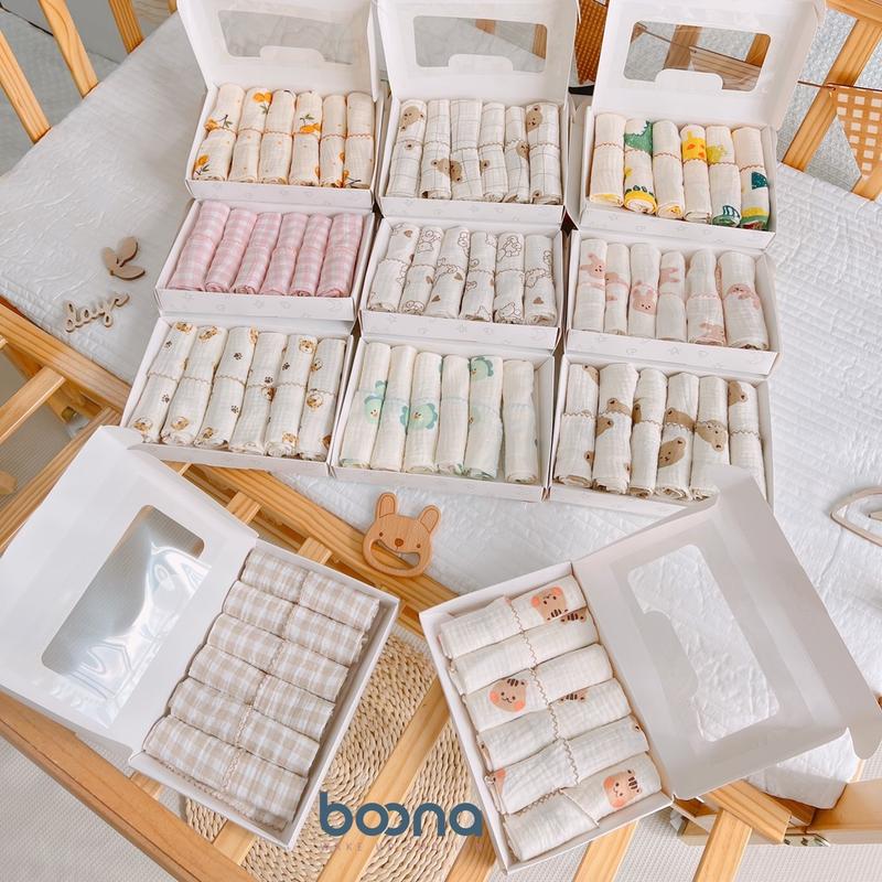 (Set 6) Khăn xô sữa cho bé Boona, vải  sợi muslin cao cấp, mềm mịn với nàn da bé kích thước 30 x 30 cm Voi Xô Muslin Khăn Tắm