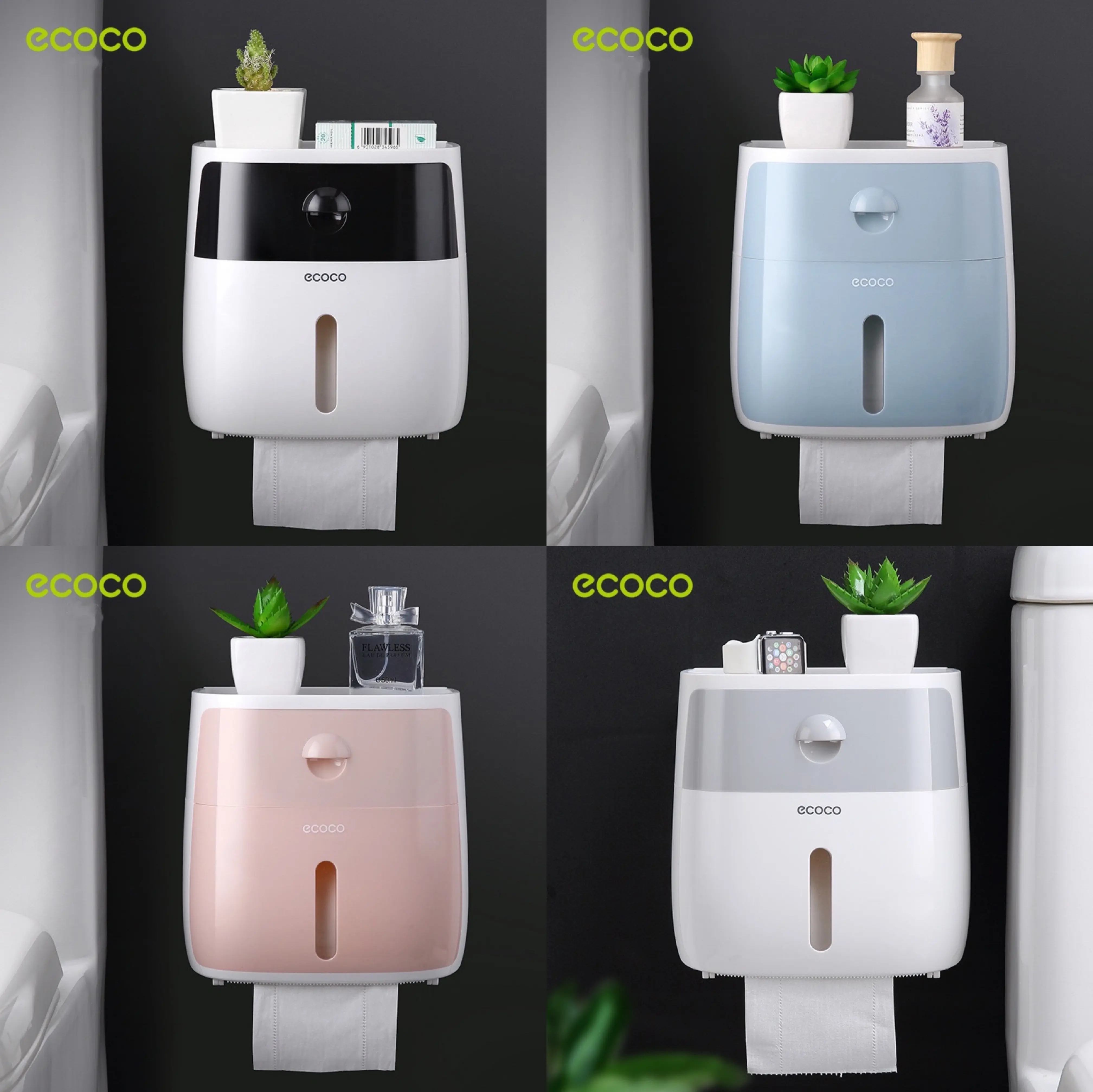ECOCO กล่องใส่ทิชชู กันน้ำ ติดผนัง ไม่ต้องเจาะ E1804