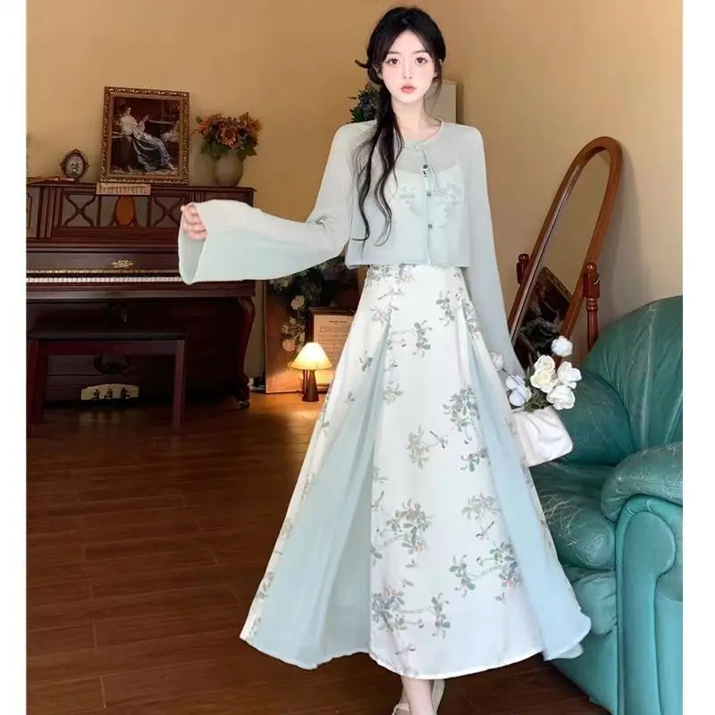 New Chinese Style 2020 Spring and Summer Floral Strap Dress Chiffon Cardigan New Two-Piece Suit Suit Waist-Tight hanfu Womenswear Clothing chinese  dress yuki  đồ  bộ Lingerie Comfort