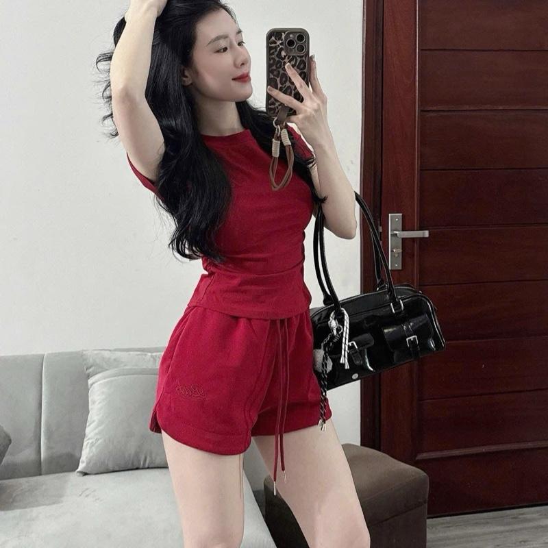 Set bộ BAD thêu Đồ Nữ Trơn Basic Ôm Body Áo Nhún Rúm Eo Ngắn Tay Mix Quần Đùi (BỘ NHÚN EO TRƠN) 2