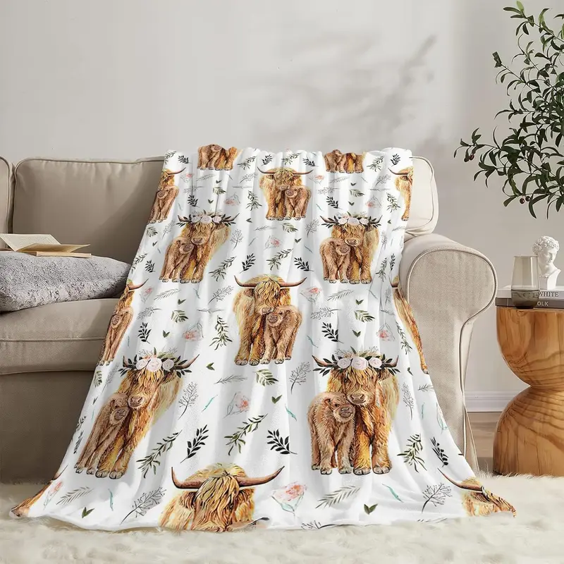 Highland Cow Print Blanket, 1 Count Soft Warm Throw Blanket, Air-conditioned Room Blanket, Warm Nap Blanket for Home Office Travel 0