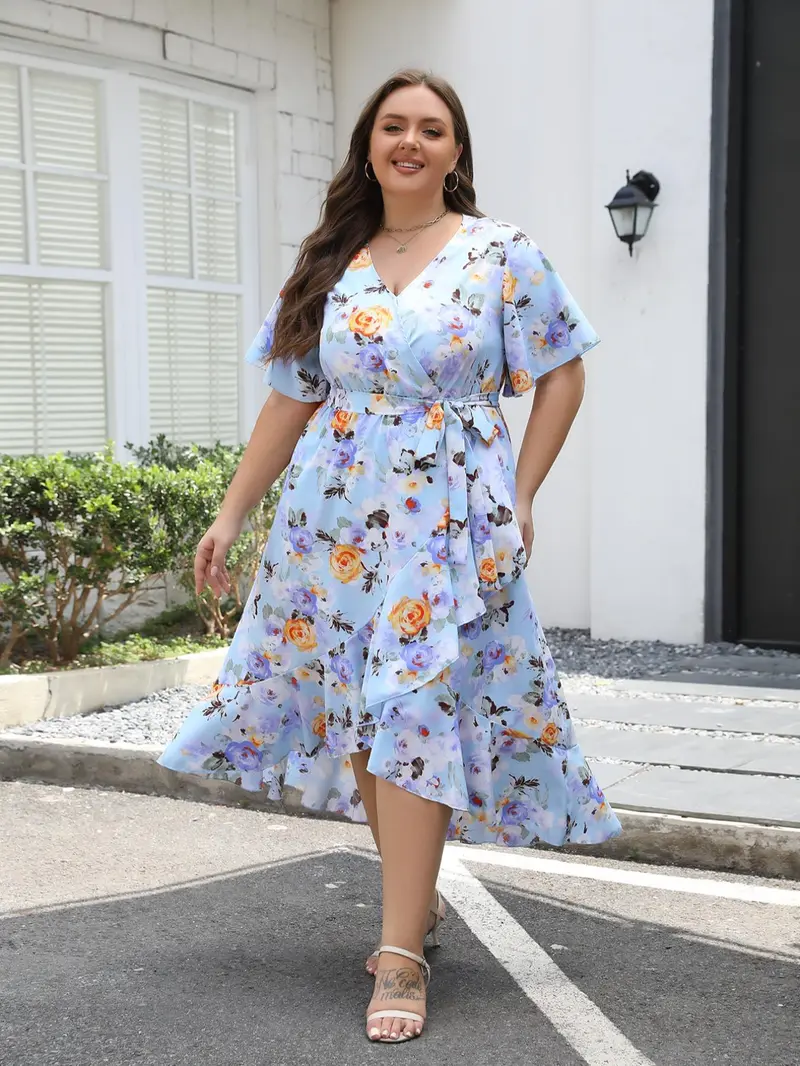 Casual Floral Dress Women's Summer Dress Knee Length, Short Sleeve, With Pockets & Ruffle Hem | Travel Dresses Wrinkle Free For Older Women Casual Floral Dress Women's Summer Dress Knee Length, Short Sleeve, With Pockets & Ruffle Hem | Travel Dresses Wrinkle Free For Older Women