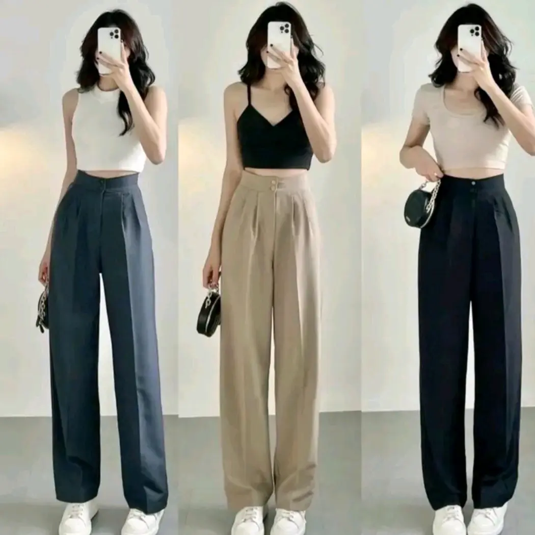 COMBO 2 Quần ống suông bản cạp lưng cao tôn dáng đi làm, đi học, đi chơi ... Nữ Ong Women Pants quần tây