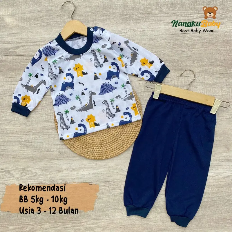 Nanaku Baby - Setelan Baju Bayi Setelan Piyama Bayi Usia 3-12 Bulan Setelan Lengan Panjang Kancing Pundak Motif Tirex 3