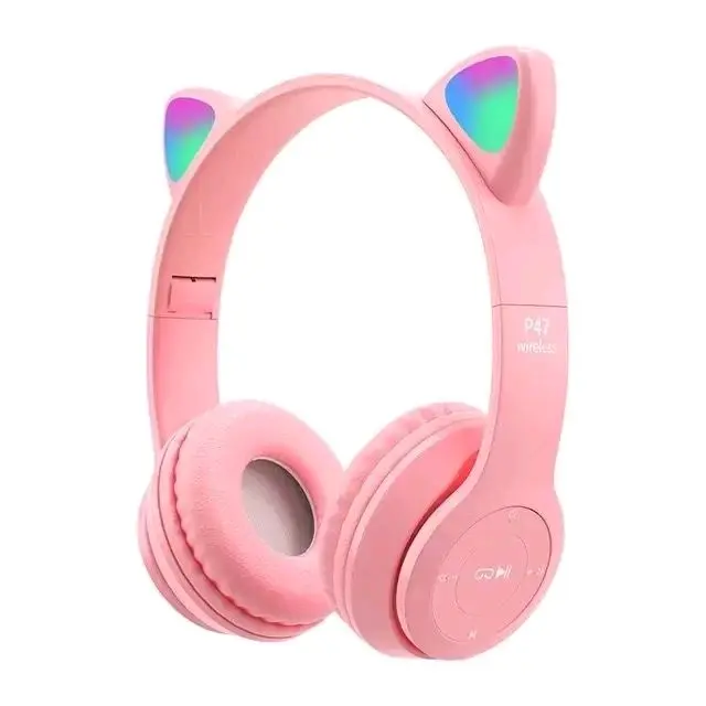 Termurah Headphone Bluetooth P47M RGB LED / Cute Cat Ear Wireless Audio Stereo Super Bass headset bando model kelinci Peredam Kebisingan 2