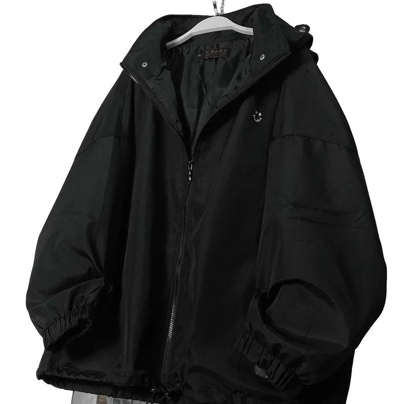 Áo Khoác dù Nón Mũ Rời Hình Mặt Cười 2 Lớp - Unisex Hàn Quốc Nam Nữ  - Áo Gió Khóa Zip Tay Dài Chống Nắng Thu Đông Menswear Jacket Top Đen