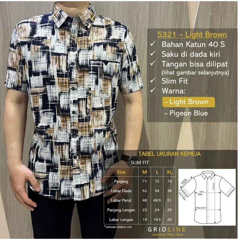 [GRIDLINE - S321 Light Brown & Pigeon Blue - S271 Navy] Kemeja Pria Slimfit Katun Lengan Pendek Print Bagus Berkualitas Premium Modern 0