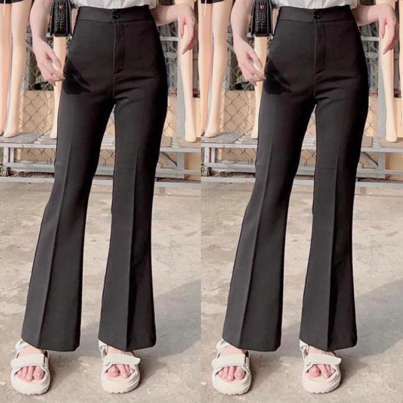 Quần loe nữ 1 khuy lưng cao dài 95cm công sở đi học hack dáng - Quần ống loe cạp cao ống rộng vẩy dày màu đen chất vải tuyết mưa mềm Women Ong Pants