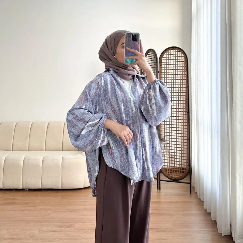 Ear Fashion - Blouse Bambu / Blouse Bimbo Oversize Atasan Wanita Tangan Panjang Baju Kerah