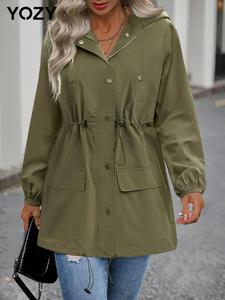 YOZY Women's Solid Drawstring Button Front Hooded Trench Coat, Casual Long Sleeve Pocket Design Coat for Daily Wear, Ladies Clothes for All Seasons