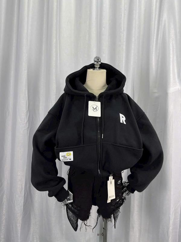 Áo Khoác Hoodie Dây Kéo Thêu LOGO R Vải Nỉ PE Phối Túi Nón lớn From Croptop Rộng Phong Cách Hàn Quốc Hot Trend áo  khoác  nỉ  dày  dặn 3