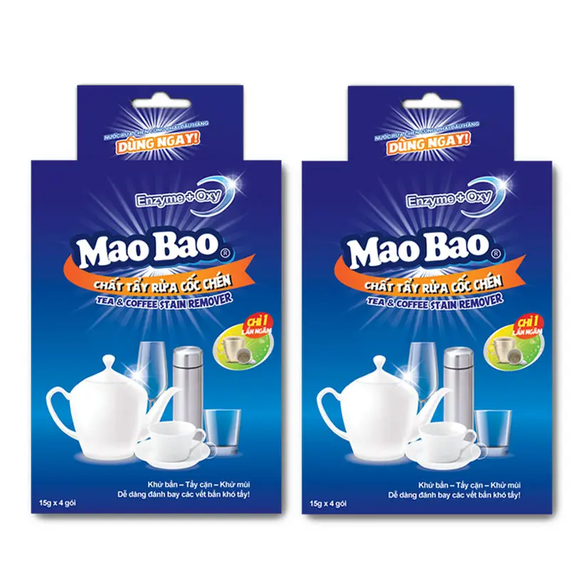 Combo 2 hộp Chất tẩy rửa cốc chén Mao Bao bột tẩy 15g x4 gói tẩy Làm Sạch bóng ố vàng, cặn bẩn, xỉn màu trên ly cốc, an toàn sức khỏe