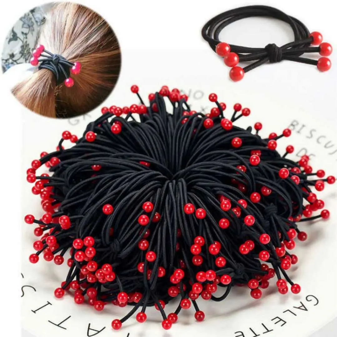 Korean Style Cherry Small Red Bead Three-in-One High Elasticity Red Bean Hair Tie Bowknot Hair Rope Women Elastic Band