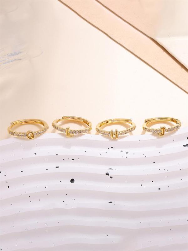 Rhinestone Decorated Elegant Simple Alphabet Ring, Jewelry Accessories Idea For Birthday, Copper Trendy Jewelry For Daily Use 5