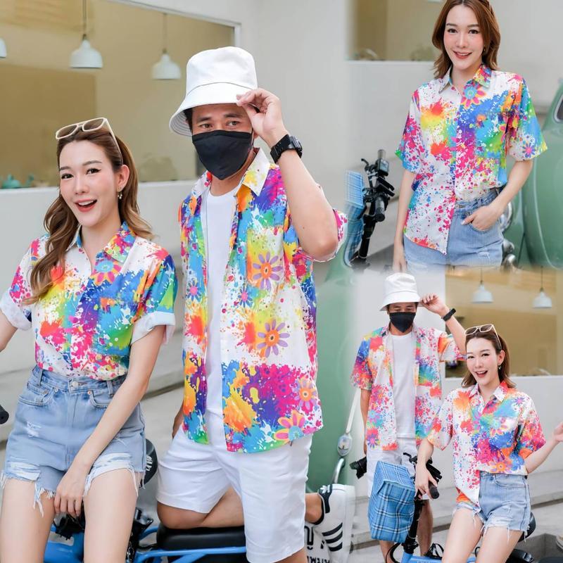 Product Introduction of เสื้อฮาวาย สีสันสดใส ทรงวัยรุ่น ลายสแปลช สามารถสวมใส่โดยผู้หญิงและผู้ชาย ผ้าโพลีเอสเตอร์ ใส่สบาย ไม่ยืด เหมาะสำหรับไซส์ 2