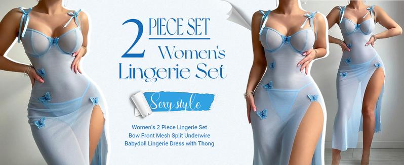 Product Introduction of Women's Springtok 2 Piece Lingerie Set Bow Front Mesh Split Underwire Babydoll Lingerie Dress,Valentine's Day Nightwear Gift Comfy 0