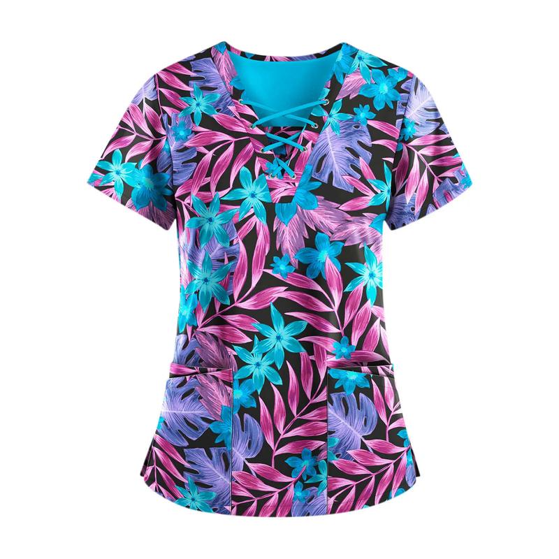 Product Introduction of Women Print Nurse Uniform Plus Size Summer Short Sleeve V-neck Tops Nursing Working Uniform T-shirts Clinic Protective Clothing 19