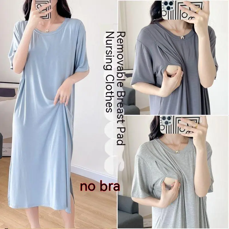 Wear-Free Bra Pregnant Woman Breastfeeding Dress Summer Modal Thin Short Sleeve Nursing Sleeping Dress Nightdress with Chest Pad