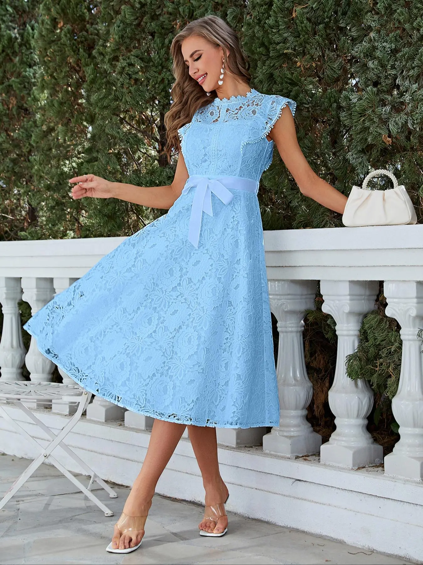 Women's Plain Hollow Out Belted Sheer Contrast Lace Dress, Elegant Butterfly Sleeve Zipper Back A Line Dress for Party Holiday Wedding Guest, Ladies Clothes for Summer