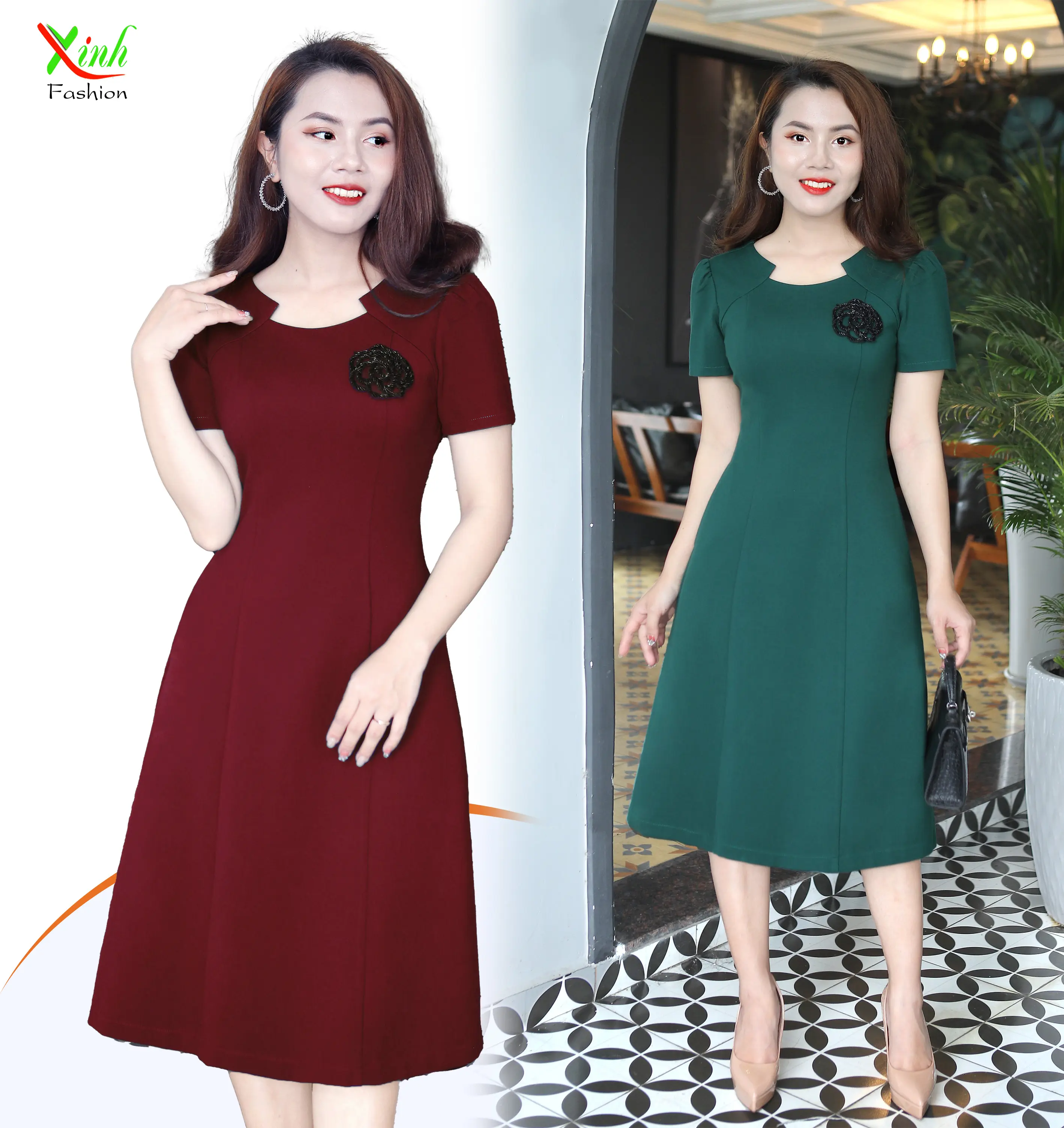Đầm Suông A cổ cách điệu kèm hoa dệt DL517-DL518 Women