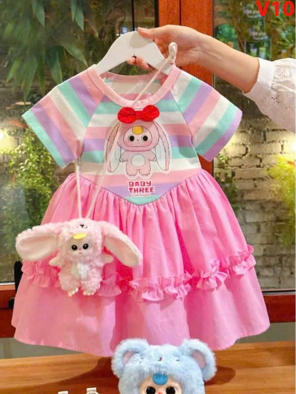 10- 30 kg Váy bé gái hoạ tiết baby three hot hít tay bào. 2màu tím hồng, đầm cho bé gái dáng xuông váy nhung 4